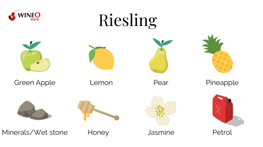 Riesling Aromas: green apple, pineapple, pear, lemon, minerals, honey, petrol, jasmine