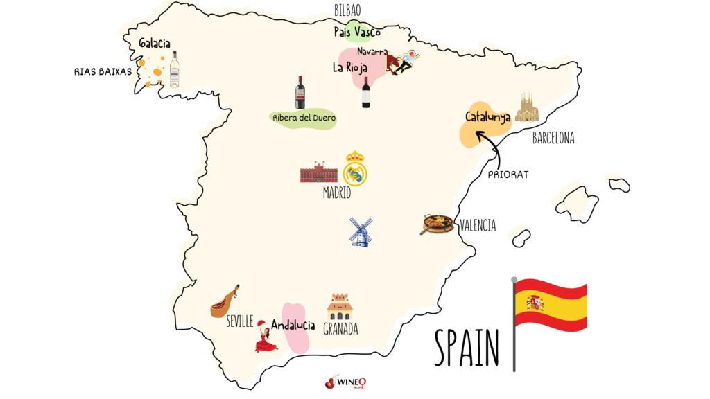 Spain with Priorat wine regions map